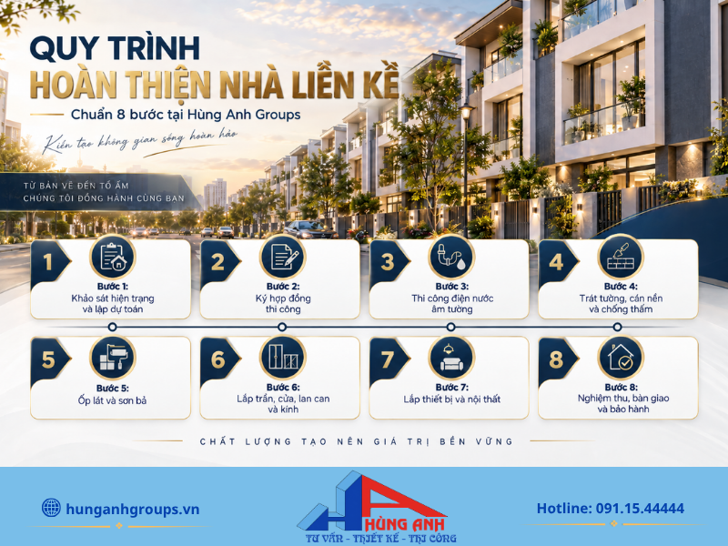 Quy trình thi công 8 bước khép kín tại Hùng Anh Groups giúp kiểm soát chặt chẽ chất lượng và tiến độ.