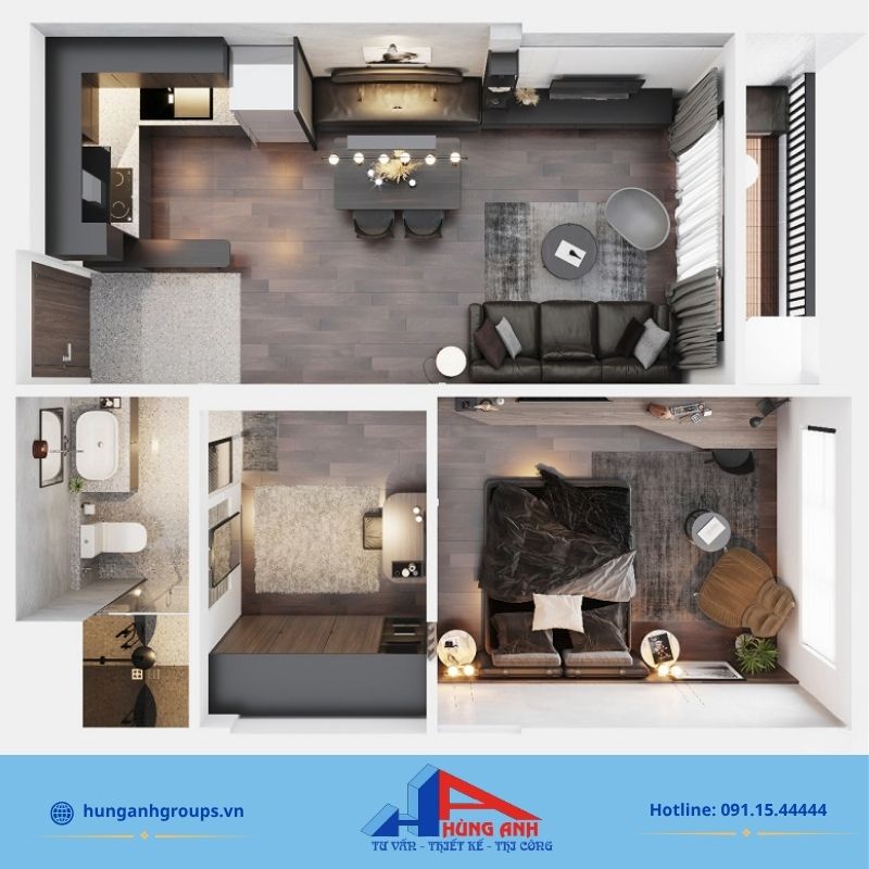 Thiết kế bếp chung cư một phòng ngủ