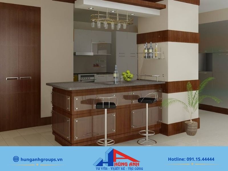Mẫu bếp chung cư hiện đại kết hợp quầy bar mini