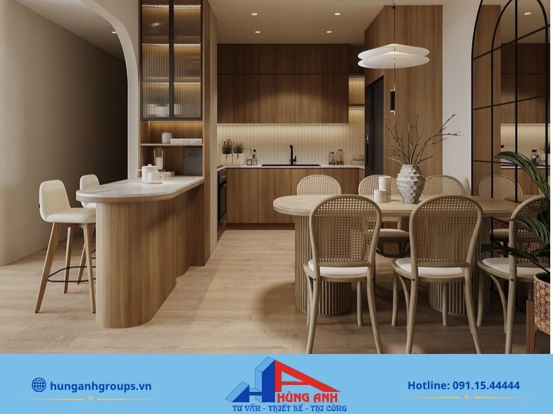 Quầy bar nhỏ gọn giúp phân chia không gian bếp