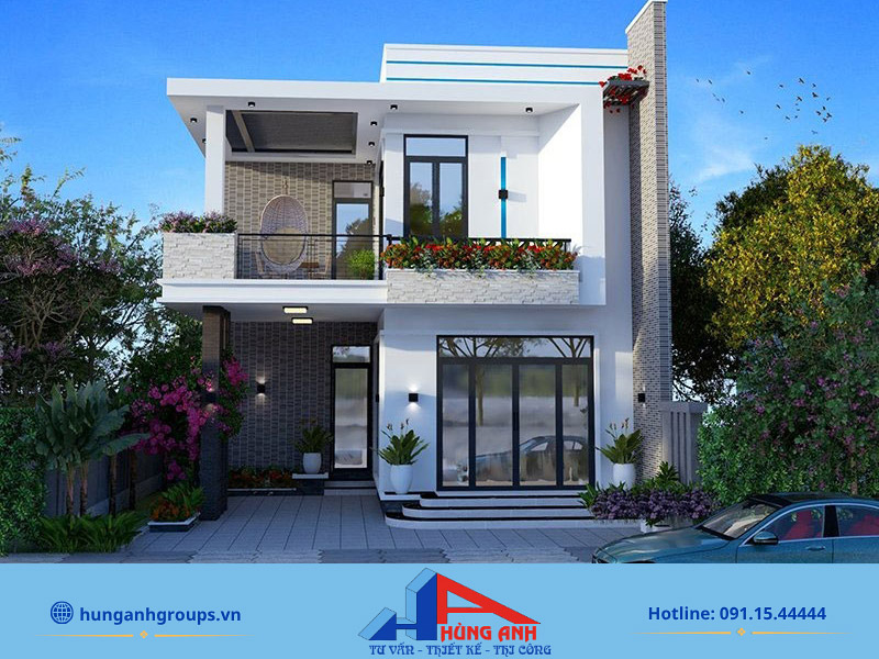 Nhà 2 tầng chữ L với thiết kế mặt tiền đơn giản