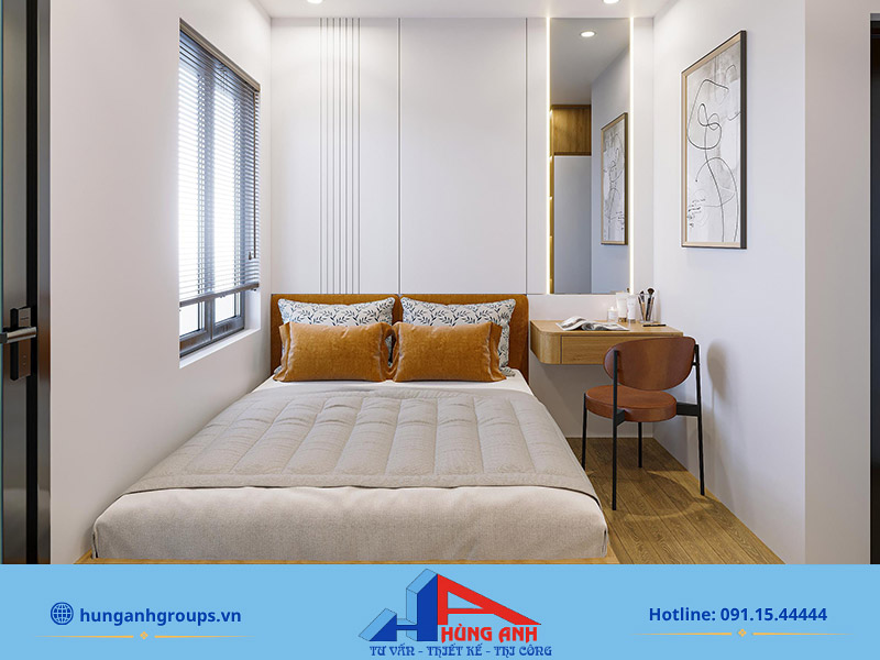 Hùng Anh Group thiết kế nội thất phòng ngủ trọn gói giá rẻ Phòng ngủ nhỏ thường để nội thất tối giản