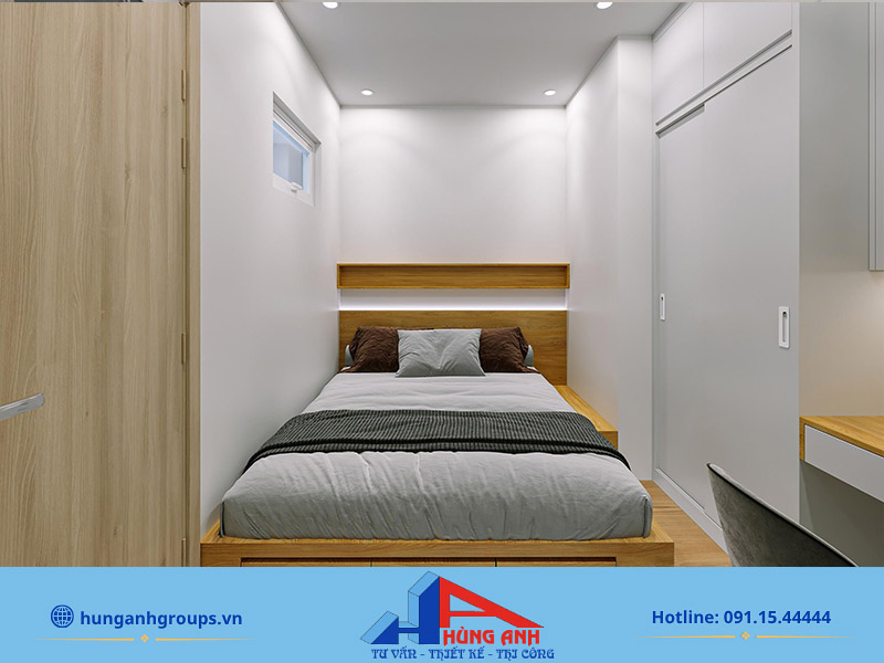 Hùng Anh Group thiết kế nội thất phòng ngủ trọn gói giá rẻ Phòng ngủ nhỏ tối ưu không gian với bàn làm việc và tủ âm tường
