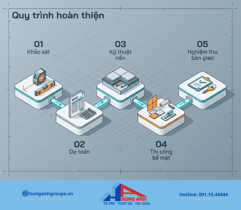 Hoàn thiện nhà phố gồm gì, chi phí tính ra sao cho đúng? Lộ trình thi công tuần tự đảm bảo các hạng mục kỹ thuật ngầm được nghiệm thu trước khi che phủ bề mặt.