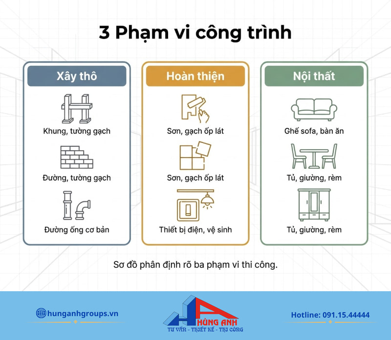 Hoàn thiện nhà phố gồm gì, chi phí tính ra sao cho đúng? Sơ đồ bóc tách 3 phạm vi giúp gia chủ tránh hiểu nhầm nội thất rời đã nằm trọn trong gói hoàn thiện.